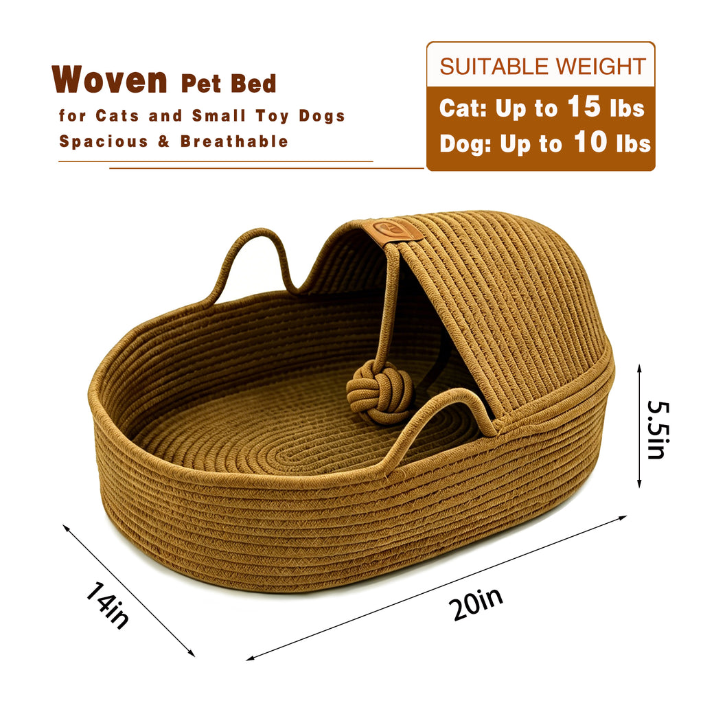 Semi-Enclosed Rattan Cat Bed Basket, Breathable Cotton Rope Woven Cat Bed with Yarn Ball, Scratch Resistant and Machine Washable Indoor Pet Nest for All Season Universal