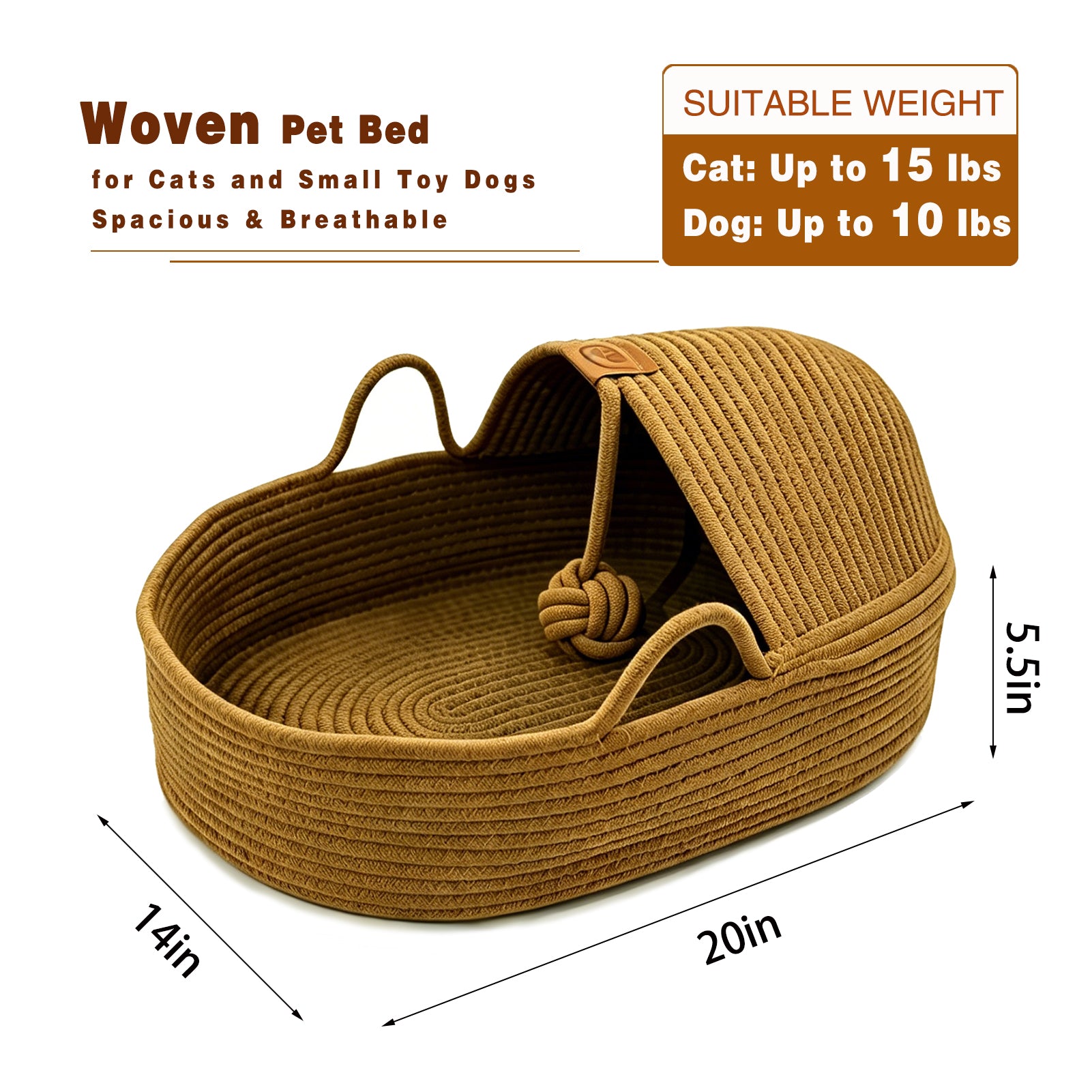 Semi-Enclosed Rattan Cat Bed Basket, Breathable Cotton Rope Woven Cat Bed with Yarn Ball, Scratch Resistant and Machine Washable Indoor Pet Nest for All Season Universal