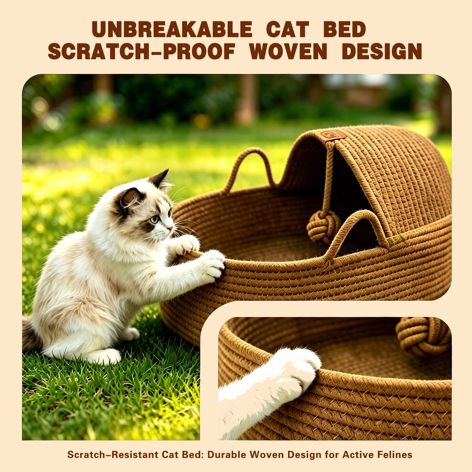 Semi-Enclosed Rattan Cat Bed Basket, Breathable Cotton Rope Woven Cat Bed with Yarn Ball, Scratch Resistant and Machine Washable Indoor Pet Nest for All Season Universal