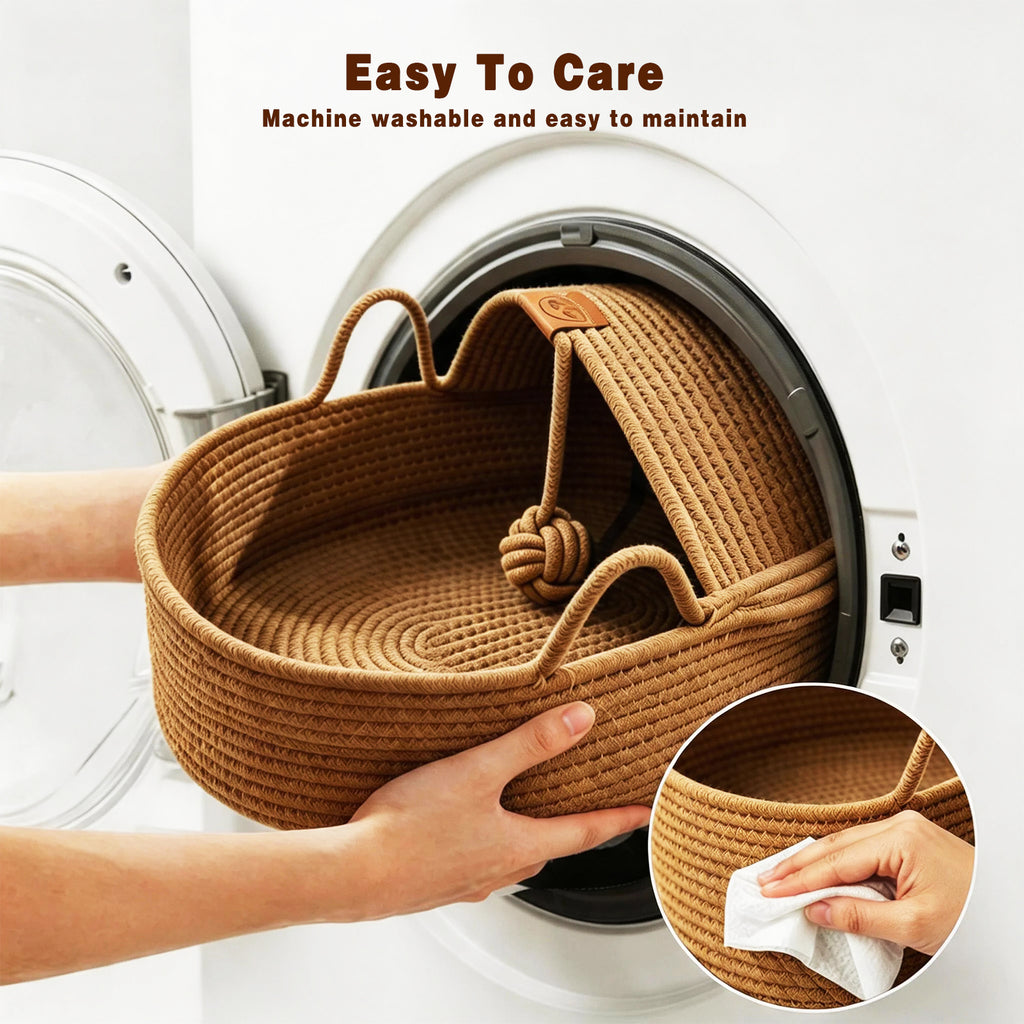 Semi-Enclosed Rattan Cat Bed Basket, Breathable Cotton Rope Woven Cat Bed with Yarn Ball, Scratch Resistant and Machine Washable Indoor Pet Nest for All Season Universal