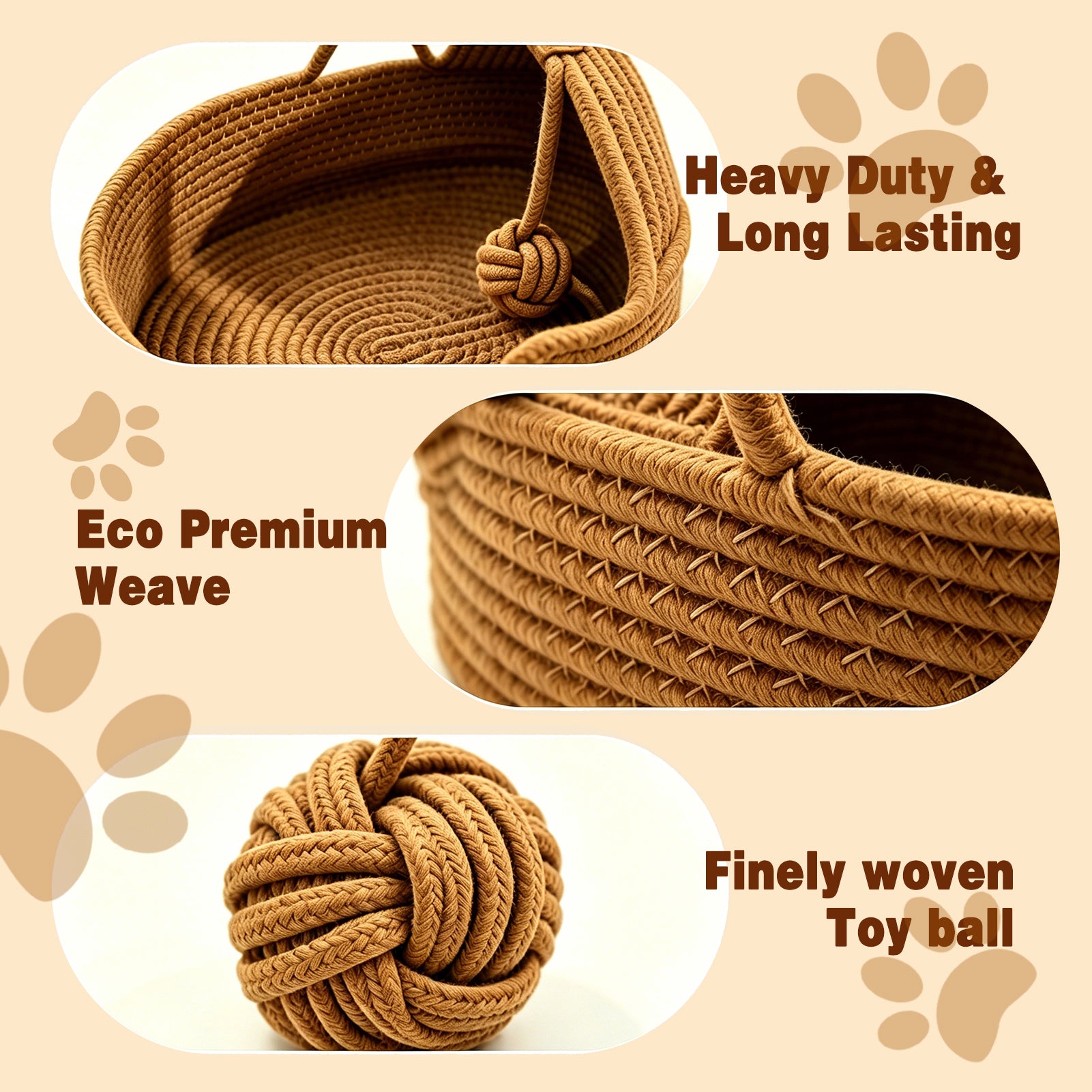 Semi-Enclosed Rattan Cat Bed Basket, Breathable Cotton Rope Woven Cat Bed with Yarn Ball, Scratch Resistant and Machine Washable Indoor Pet Nest for All Season Universal