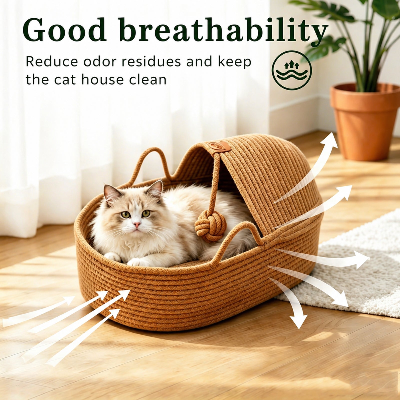 Semi-Enclosed Rattan Cat Bed Basket, Breathable Cotton Rope Woven Cat Bed with Yarn Ball, Scratch Resistant and Machine Washable Indoor Pet Nest for All Season Universal