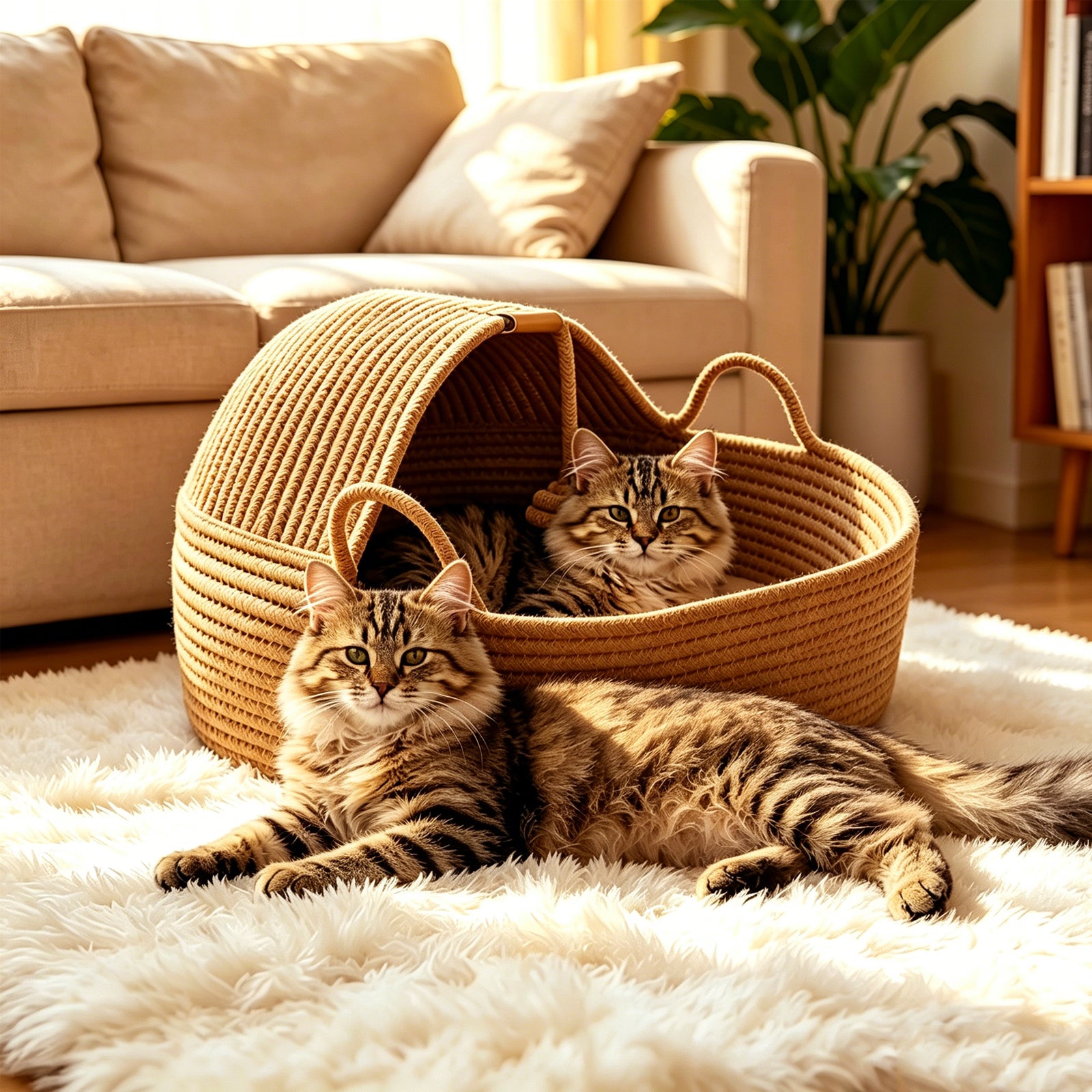 Semi-Enclosed Rattan Cat Bed Basket, Breathable Cotton Rope Woven Cat Bed with Yarn Ball, Scratch Resistant and Machine Washable Indoor Pet Nest for All Season Universal