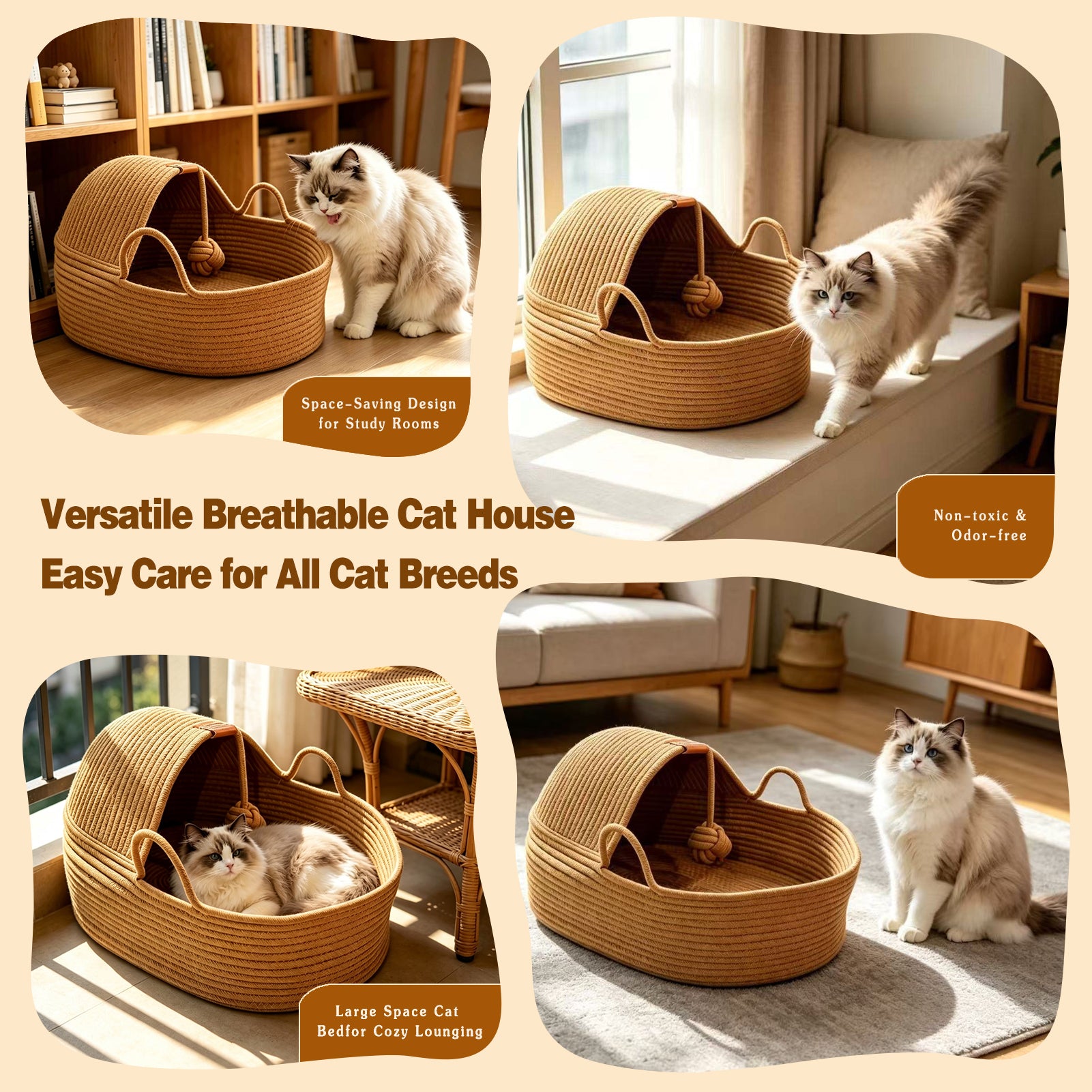 Semi-Enclosed Rattan Cat Bed Basket, Breathable Cotton Rope Woven Cat Bed with Yarn Ball, Scratch Resistant and Machine Washable Indoor Pet Nest for All Season Universal