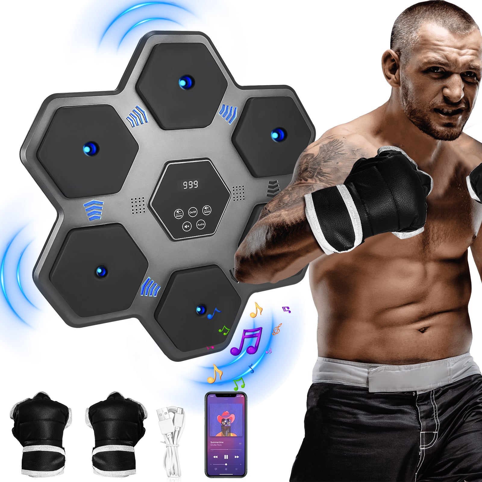 Music Boxing Machine with Blue Light Music and LED Lights for Home Gym Use by Adults and Children